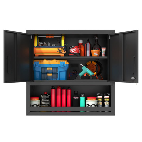 English Elm Metal Wall Mounted Steel Cabinet Locking Doors Open Drawer Garage Workshop Storage T2398P374169