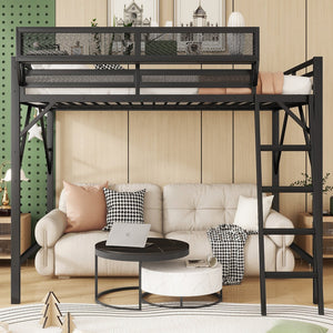 English Elm Full Size Loft Bed with Ladder and Built-In Shelves, Sturdy Metal High Loft for Kids Teens 54" Black W2580P379998