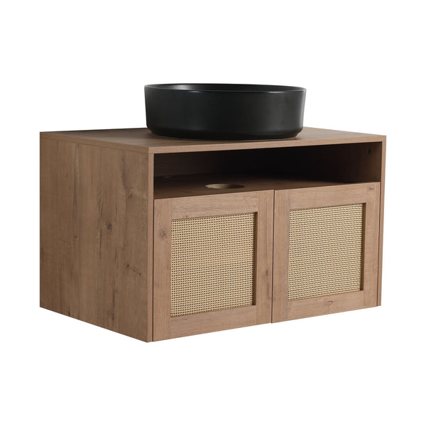English Elm 30" Modern Wall-Mounted Bathroom Vanity With Black Ceramic Sink, Soft-Close Doors, Oak Finish W999S00398
