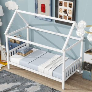 English Elm Twin House Bed with Headboard and Footboard — Space-Saving Rubberwood Frame, Playful Architectural Design White W504P225951