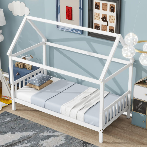 English Elm Twin House Bed with Headboard and Footboard — Space-Saving Rubberwood Frame, Playful Architectural Design White W504P225951