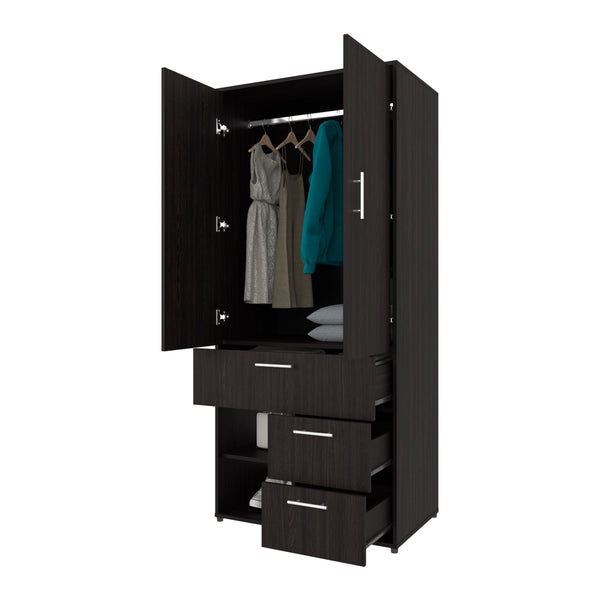 English Elm FM Compact Wardrobe with Hanging Rod, Smooth Drawers and Open Shelves for Organized Bedrooms Wenge 74.02 L x 24.81 W x 3.55 H B128S00182