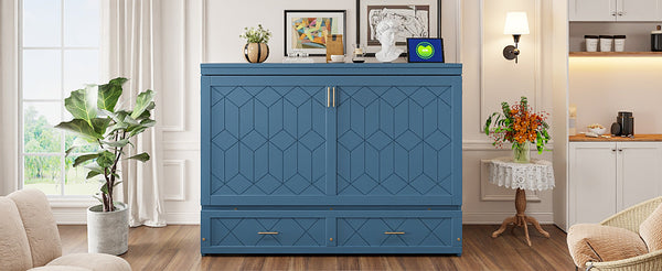 English Elm Queen Murphy Wall Bed Cabinet with Storage Drawer Built-in Power Outlets Usb Ports Navy Blue LP000400AAC-1
