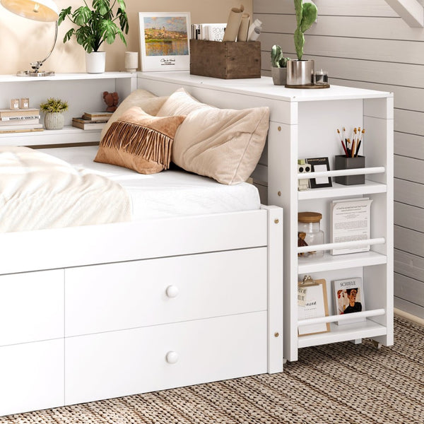 English Elm Twin Daybed Pine Frame with Trundle Desk Hutch Shelves and Storage for Kids Rooms White W1580S00458