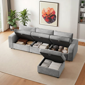 English Elm 118" Velvet L Shaped Sectional with Storage Ottoman and Deep Cloud Cushions W3716S00014