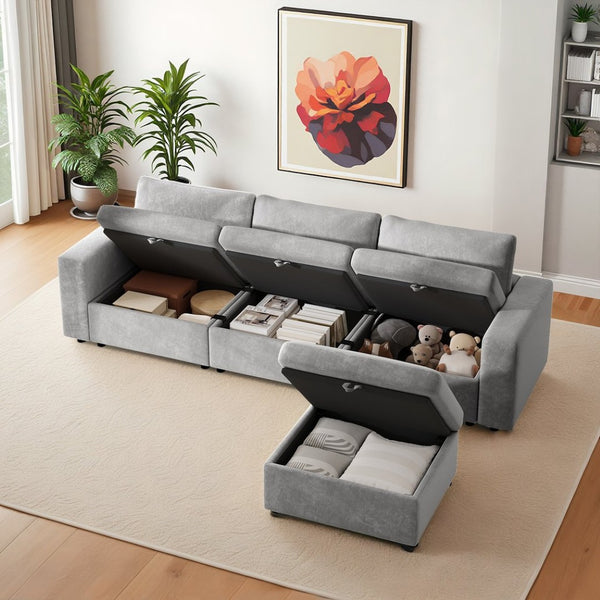 English Elm 118" Velvet L Shaped Sectional with Storage Ottoman and Deep Cloud Cushions W3716S00014