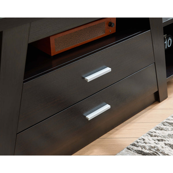 English Elm Two tall two-drawer TV stand with divided shelf and cubbies, aluminum bar handles, modern flair B107P302901