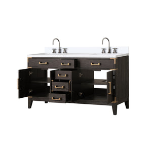 English Elm Brown Oak Double Bath Vanity - 60" W X 22" D, Durable Cultured Marble Top & Chrome Faucet Set B2731P259847