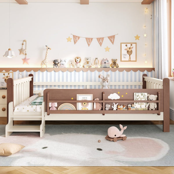 English Elm Queen Bunk Bed with Trundle Solid Pine Kids Car Themed Frame Built-in Bookshelf Beige+Natural W1580S00536