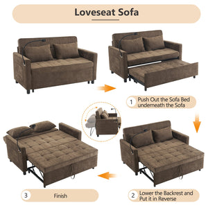 English Elm 56.9" Loveseat Sofa Bed with Chenille Upholstery, USB Ports, Phone Holder, Side Pockets, Reclining Backrest Brown N719P208853D