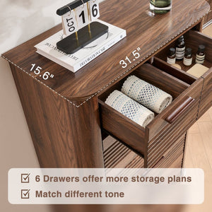 English Elm 6 Drawer Tall Fluted Chest with Waveform Fronts Slim Wooden Storage for Modern Bedroom T5326P425101