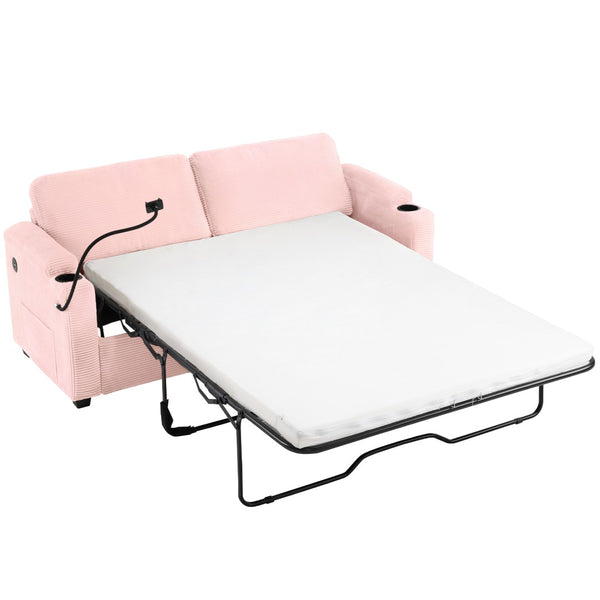 English Elm 72.8" Corduroy Convertible Loveseat with Full Bed Usb Charging and Storage Pockets N719P208880P