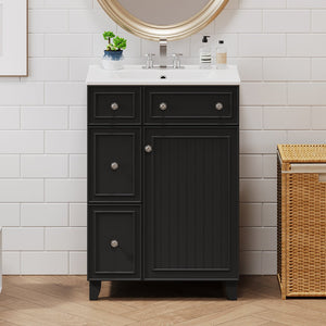 English Elm 24-Inch Bathroom Vanity Cabinet with Ceramic Sink, Space-Saving Storage, Solid Wood Feet, Durable Finish Black WF532034AAB
