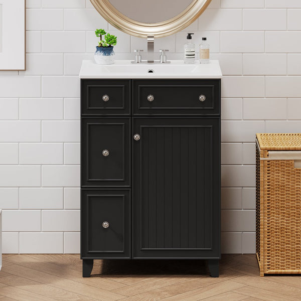 English Elm 24-Inch Bathroom Vanity Cabinet with Ceramic Sink, Space-Saving Storage, Solid Wood Feet, Durable Finish Black WF532034AAB