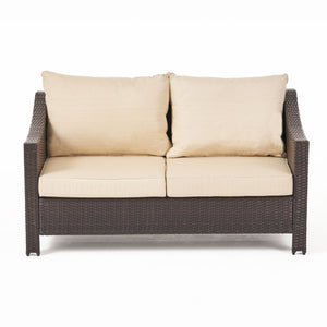 English Elm Christopher Knight Home® - ANTIBES RATTAN LOVESEAT SET WITH SIDE TABLE – Weatherproof PE Wicker, Iron Frame, Compact Patio Seating Brown 57088.00SET