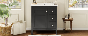 English Elm 30 Inch Bathroom Vanity with Ceramic Sink and 3 Smooth-Glide Drawers, Modern Moisture-Resistant Storage Black N710P252105B