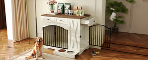 English Elm Go Farmhouse Wooden Dog Crate End Table with 3 Drawers and Built-in Pet Feeder N704P371282D