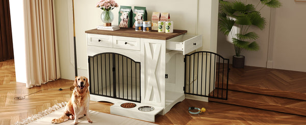 English Elm Go Farmhouse Wooden Dog Crate End Table with 3 Drawers and Built-in Pet Feeder N704P371282D