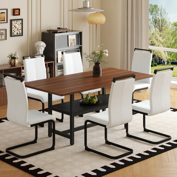 English Elm Table And Chair Set - 71" Walnut Grain Dining Table With 6 White Pu Chairs & Black Metal Legs W1151S04276-GIGA