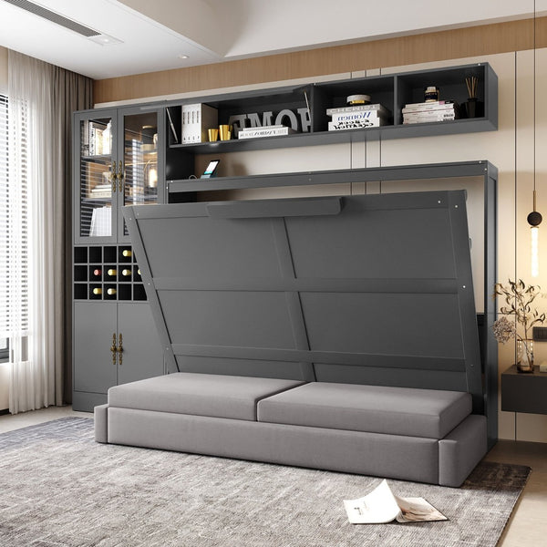 English Elm Full Size Murphy Wall Bed with Linen Sofa Shelving Usb Charging and Built-in Light LP000763AAE