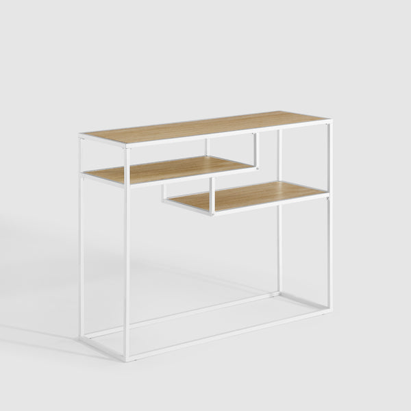 42" Metal and Wood Tiered Shelf Entry Table Coastal Oak, White MAYL2KCOW Walker Edison