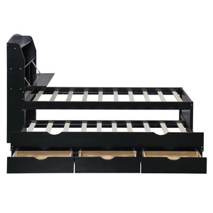 English Elm Twin LED Platform Bed with Trundle and Under-Storage Drawers, Flip-Up Headboard, USB Ports Espresso N820S10008D