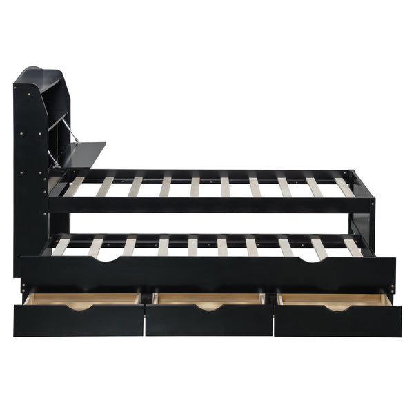 English Elm Twin LED Platform Bed with Trundle and Under-Storage Drawers, Flip-Up Headboard, USB Ports Espresso N820S10008D