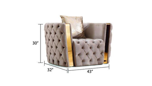 English Elm Naomi Velvet Button-Tufted 3Pc Living Room Set in Taupe with Gold Accents, Pillows & Spring Support B009S01951