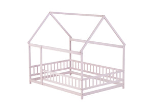English Elm Full Size House Floor Bed With Roof Frame & Guardrails - Cozy Pink Wooden Design For Kids W504P286410