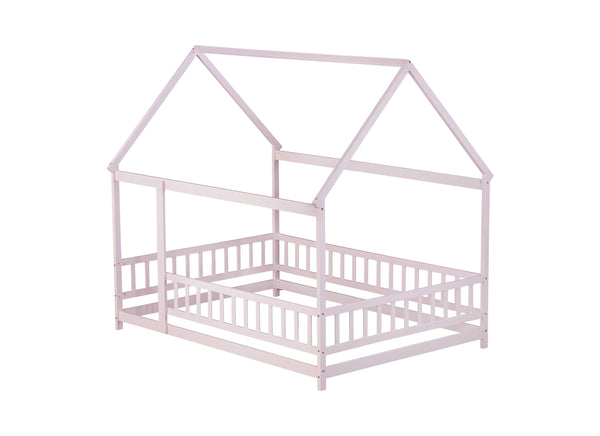 English Elm Full Size House Floor Bed With Roof Frame & Guardrails - Cozy Pink Wooden Design For Kids W504P286410