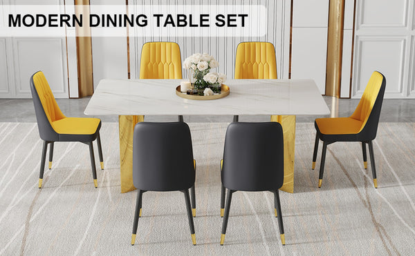 English Elm Table Set With Glass Marble Top & 6 Orange/Dark Gray Pu Chairs – Chic Dining Experience Awaits! W1151S04359-GIGA