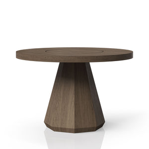 English Elm Round Expandable Dining Table with Pedestal Base, Solid Wood & Mindi Veneer, Elegant Sand Finish Light Brown 58 L x 58 W x 5.75 H B2699S00048