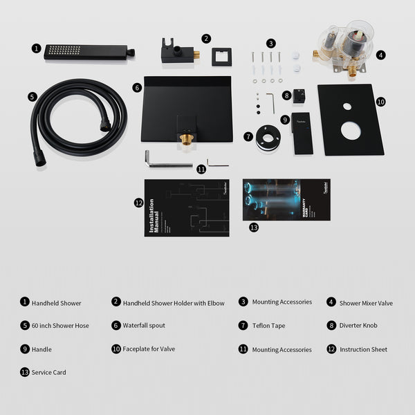 English Elm Male Npt Tub Faucet Set - Matte Black Wall-Mount Shower With Handheld, Solid Brass Waterfall Design T3177P272087