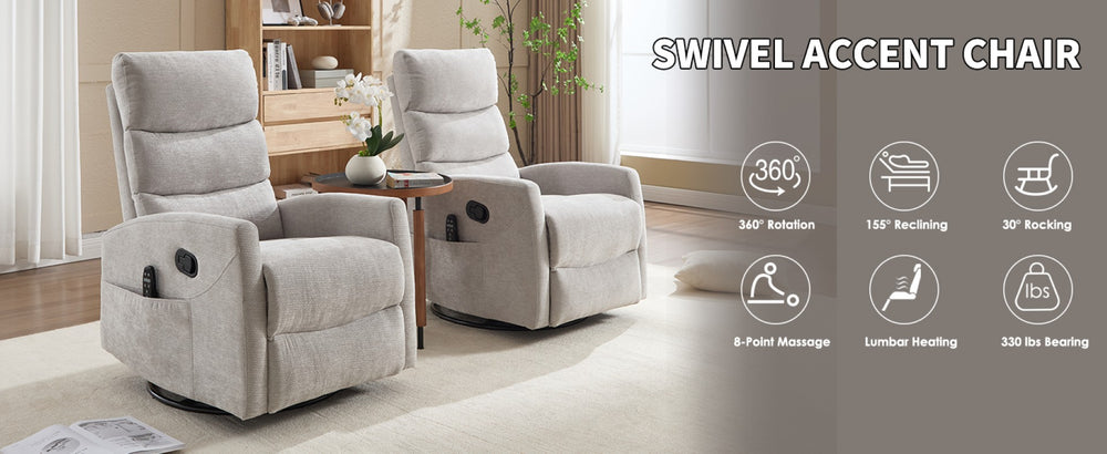 English Elm Heat Massage Rocker Recliner with Swivel Base and Vibration Nodes for Living Room W3224P322250
