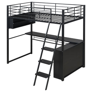 English Elm Twin Metal Loft Bed with LED Desk & 4 Shelves, Black — Sturdy Metal/Wood Frame, Space-Saving Design GX000652AAB