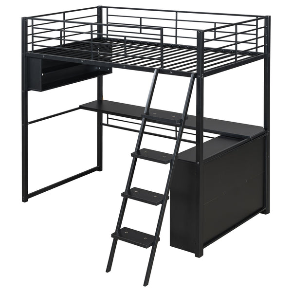 English Elm Twin Metal Loft Bed with LED Desk & 4 Shelves, Black — Sturdy Metal/Wood Frame, Space-Saving Design GX000652AAB