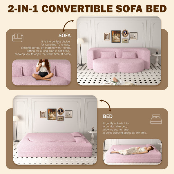 English Elm Modern Full Size Folding Sofa Bed with Teddy Fabric, Foam-Filled 15" Sleeper, 2 Pillows, No Assembly Required Pink W1885P272260