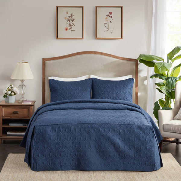 JLA Home Madison Park - 3 Madison Park Quebec Quilted Bedspread Set with Split-Corner Pleats, Box Stitching & Antimicrobial Protection Navy MP13-6480