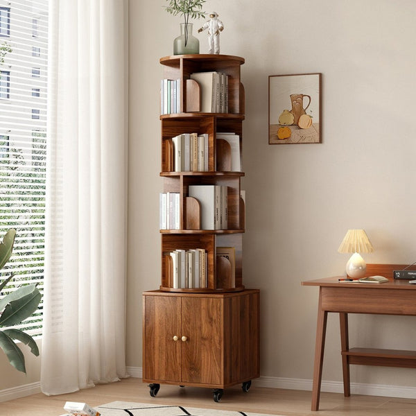 English Elm Rotating 360° Corner Bookshelf - 5-Tier Compact Storage Rack With Drawer For Small Spaces, Walnut W2641P329220-GIGA