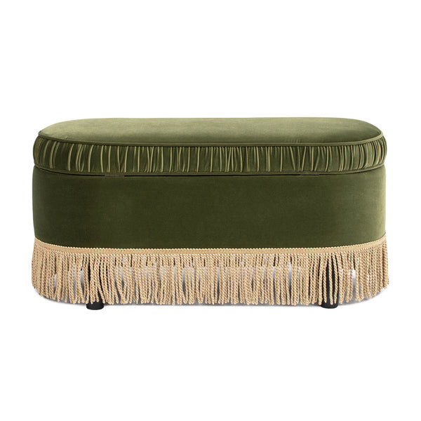 English Elm Jennifer Taylor Home - Serena 38" Oval Storage Bench Ottoman with Velvet Ruched Trim and Fringe Tassels, Spacious Seat Olive Green B2719P238474