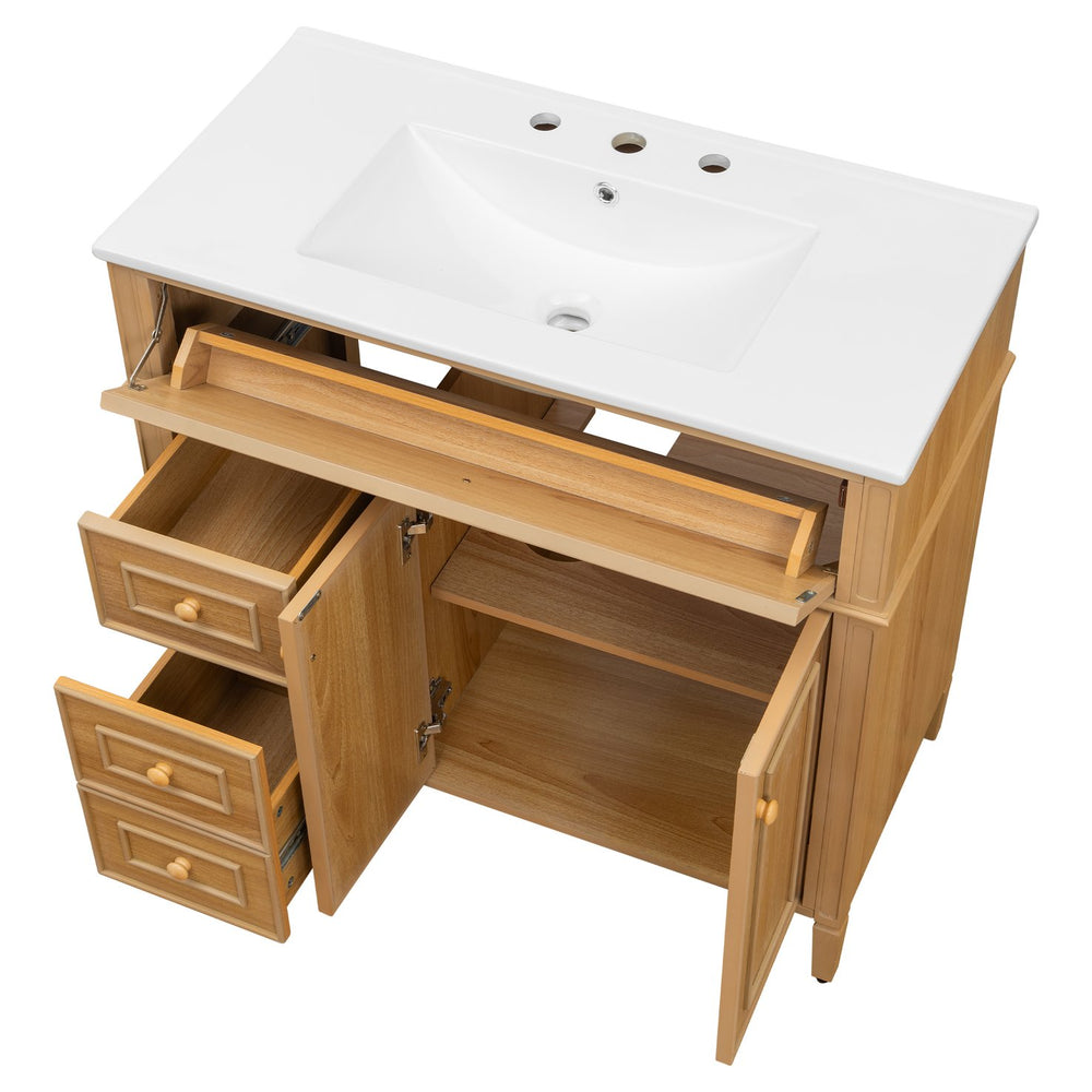 English Elm 36" Modern Bathroom Vanity with Ceramic Sink, Solid Rubber Wood & MDF, Flip Drawer, Soft-Close Doors N725P350825N