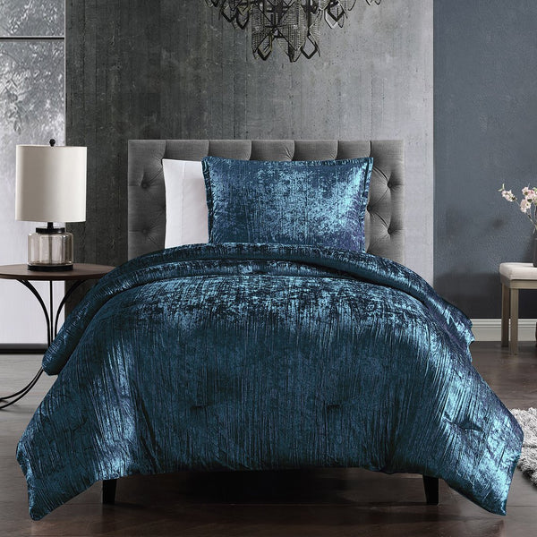 English Elm Turin Crinkle Velvet 2-Piece Comforter Set Twin with Coordinating Sham, Brushed Polyester Backing, Textured Luxury Blue B340P341985