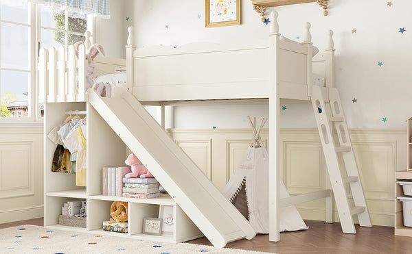 English Elm Twin Loft Bed Solid Pine Frame with Wardrobe Shelving Detachable Slide Kids Room Beige W5305S00018