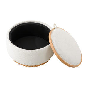 English Elm 29" Round Boucle Storage Ottoman Sculptural Wood Base Reversible Lid Living Room Beige N723P405304A