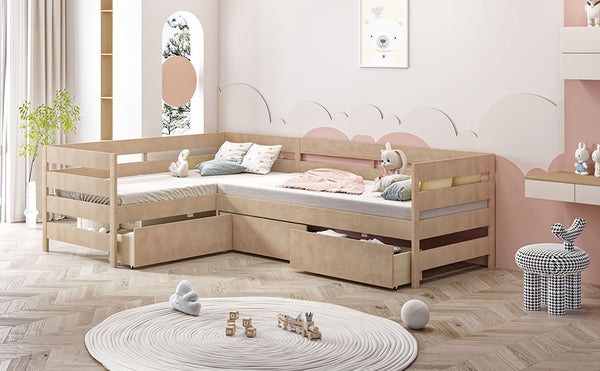 English Elm Twin L-Shaped Platform Bed with Three Spacious Drawers, Solid Pine & MDF, Clean-Lined Design Natural N7090000468N