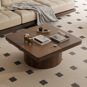 English Elm 34.6'' Square Coffee Table Parquet Wood Veneer Sculptural Cylindrical Base Modern Living Room Walnut W1435P337647