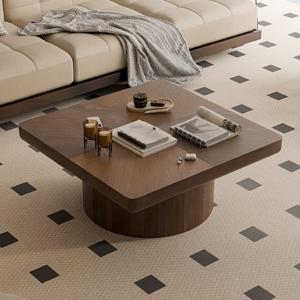 English Elm 34.6'' Square Coffee Table Parquet Wood Veneer Sculptural Cylindrical Base Modern Living Room Walnut W1435P337647
