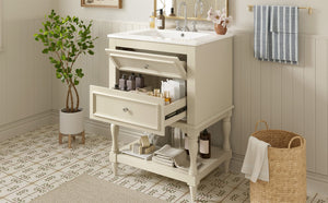 English Elm 24'' Retro Bathroom Vanity Mdf Cabinet with Ceramic Sink Open Shelf and 2 Drawers Beige N710P405414Y