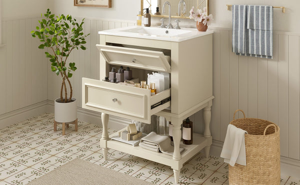 English Elm 24'' Retro Bathroom Vanity Mdf Cabinet with Ceramic Sink Open Shelf and 2 Drawers Beige N710P405414Y