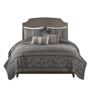 English Elm 6-Piece Jacquard Quilt Set Full/Queen with Plush Brushed Backing, Decorative Pillows, Grey Elegance Multicolor 15.35 L x 17.72 W x 10.63 H B035P408227